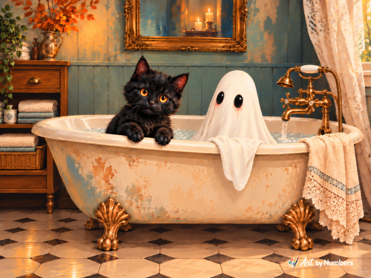Cozy Kitten and Ghost Clawfoot Bath - Paint by Numbers · image 2