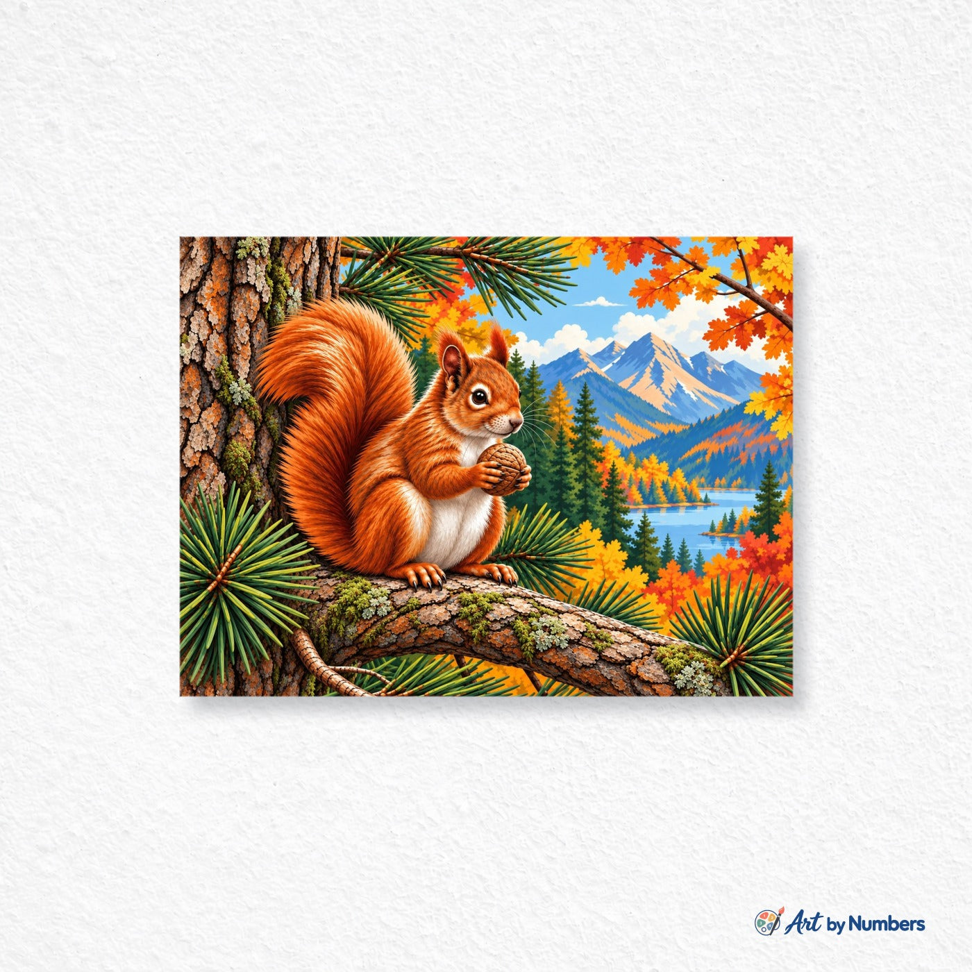 Red Squirrel Over Autumn Mountain Lake - Paint by Numbers · image 1