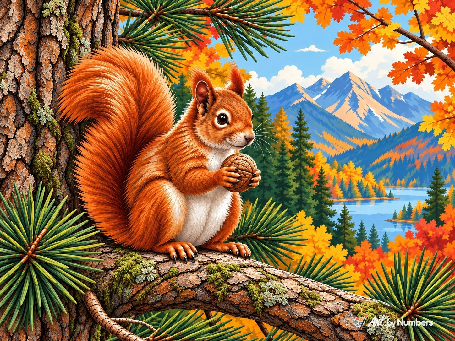 Red Squirrel Over Autumn Mountain Lake - Paint by Numbers · image 2