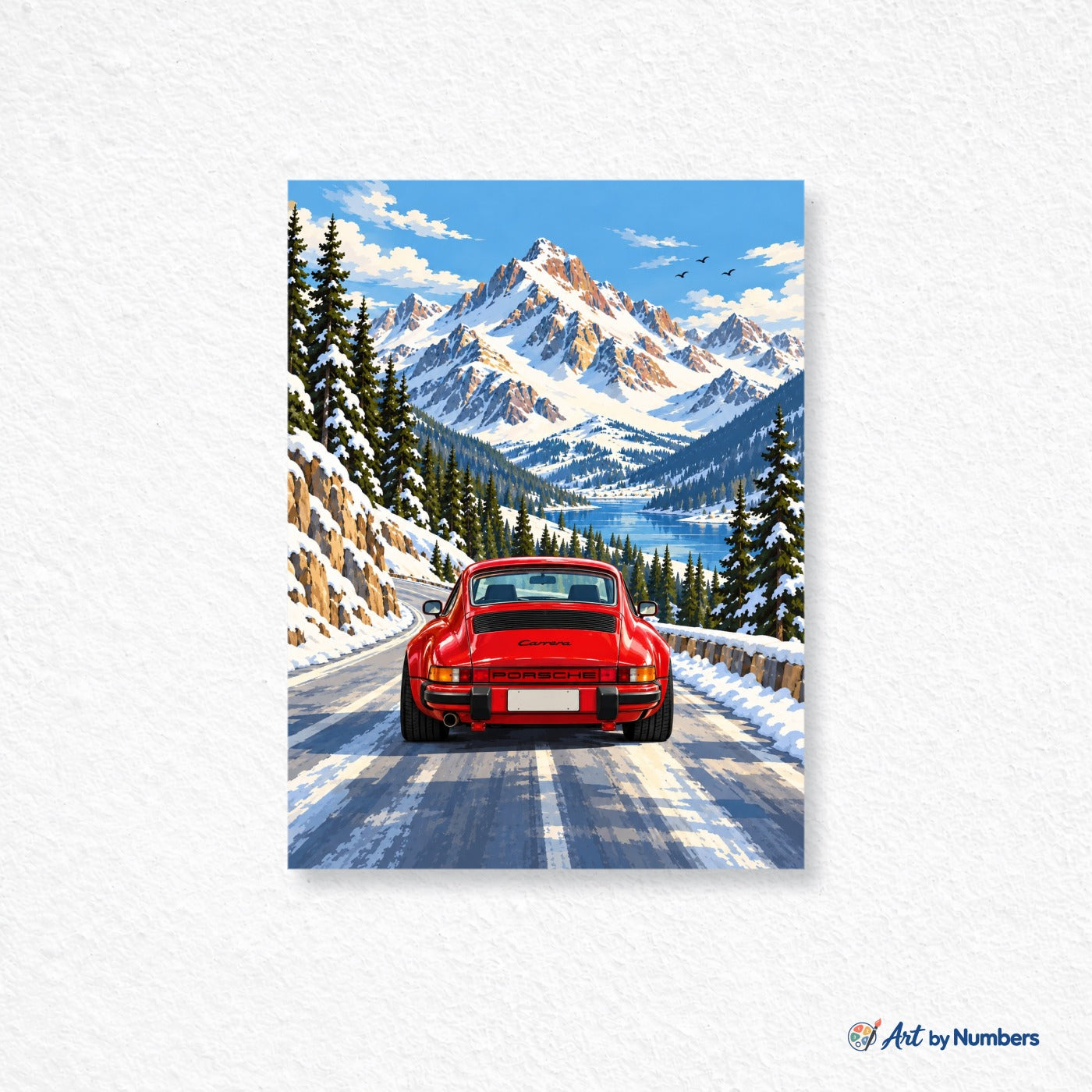 Red Porsche on a Snowy Alpine Pass - Paint by Numbers · image 1