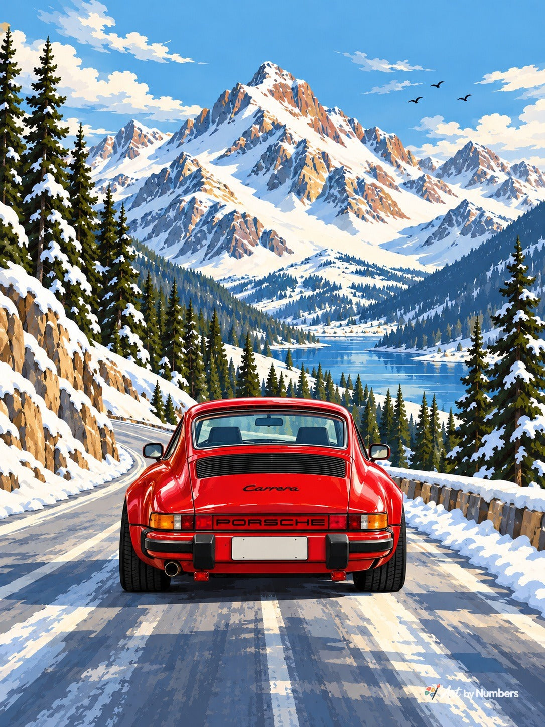 Red Porsche on a Snowy Alpine Pass - Paint by Numbers · image 2