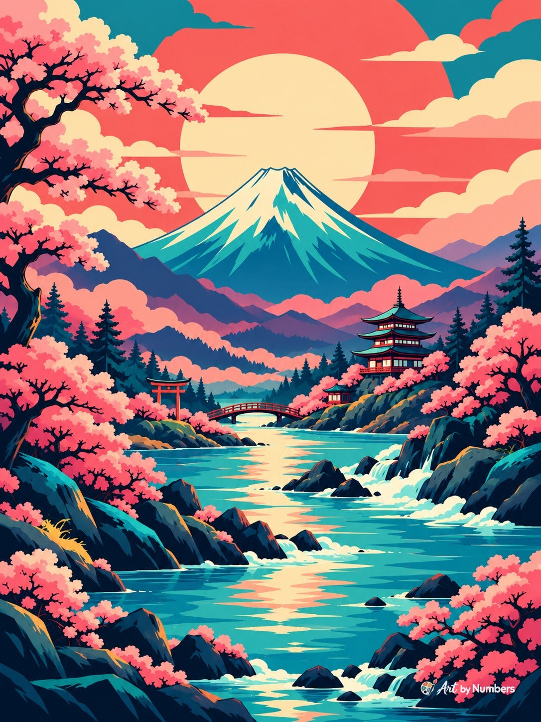 Mount Fuji Sakura River - Paint by Numbers · image 2