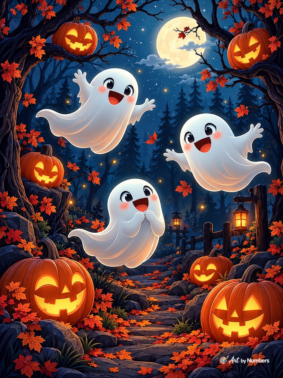 Joyful Ghosts in a Moonlit Pumpkin Forest - Paint by Numbers · image 2